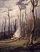 unknow artist Spring Burning Trees in a Girdled Clearing Western Scene oil painting on canvas